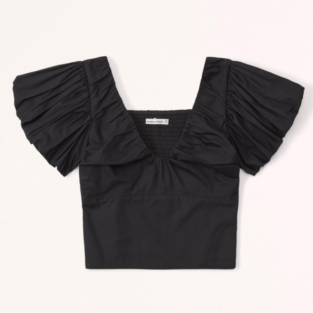 Abercrombie & Fitch Black Puff-Sleeve Poplin Top